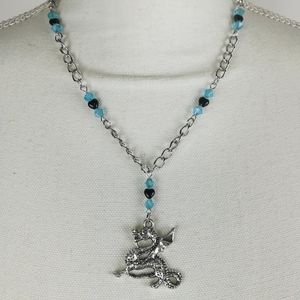 Elegant Dragon necklace blue faceted and black glass heart shaped beads fantasy